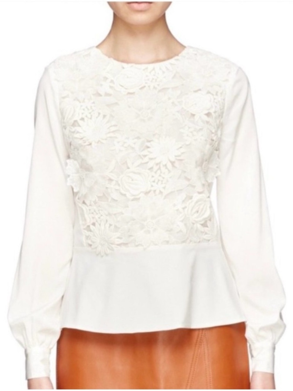 Tory Burch Cotton Blend Ivory Floral Lace Peplum Long Sleeve Blouse Size 2. #19